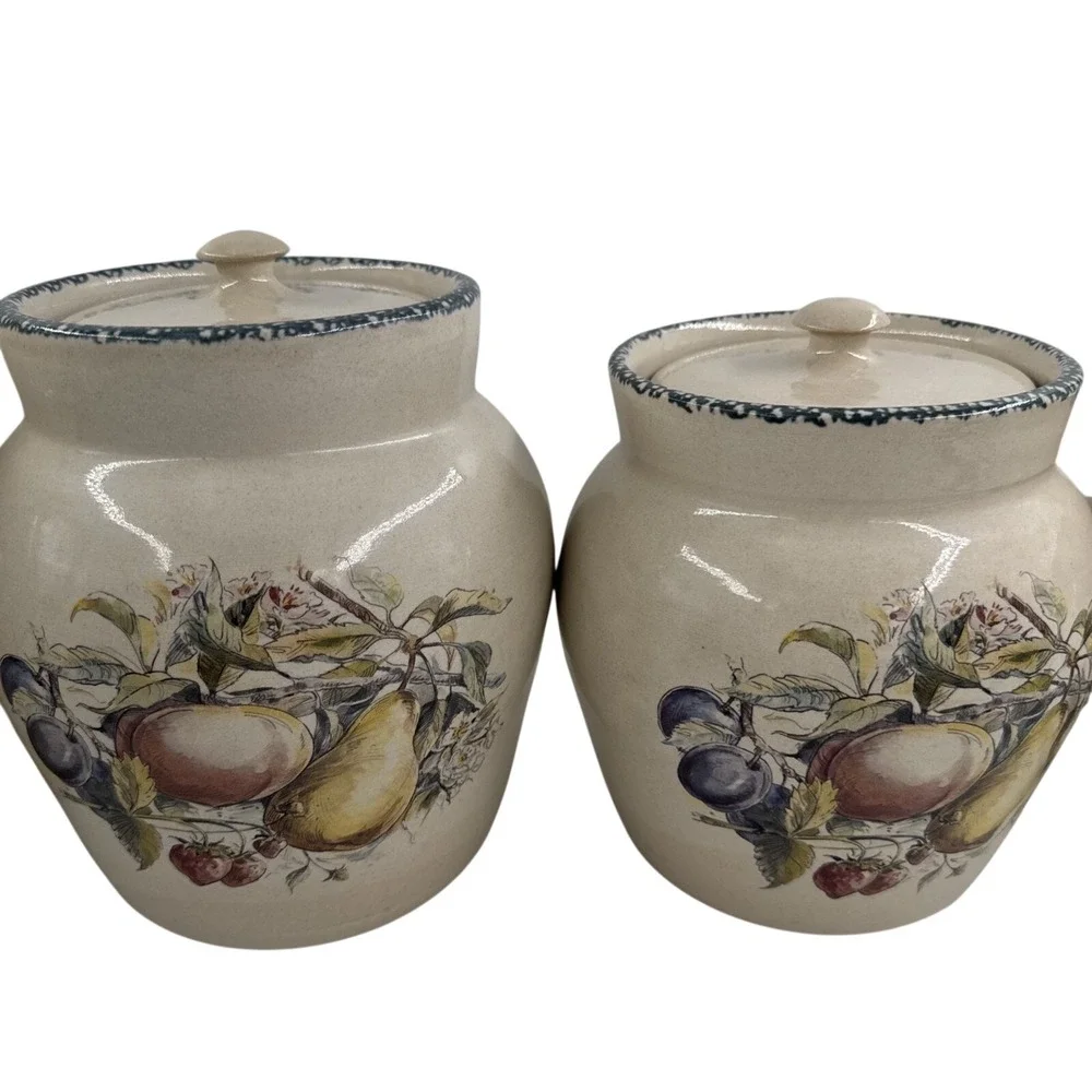 VTG Hand Painted‎ Fruit Canister Set 4 Pc Ceramic Kitchen Jars w/Lids Farmhouse